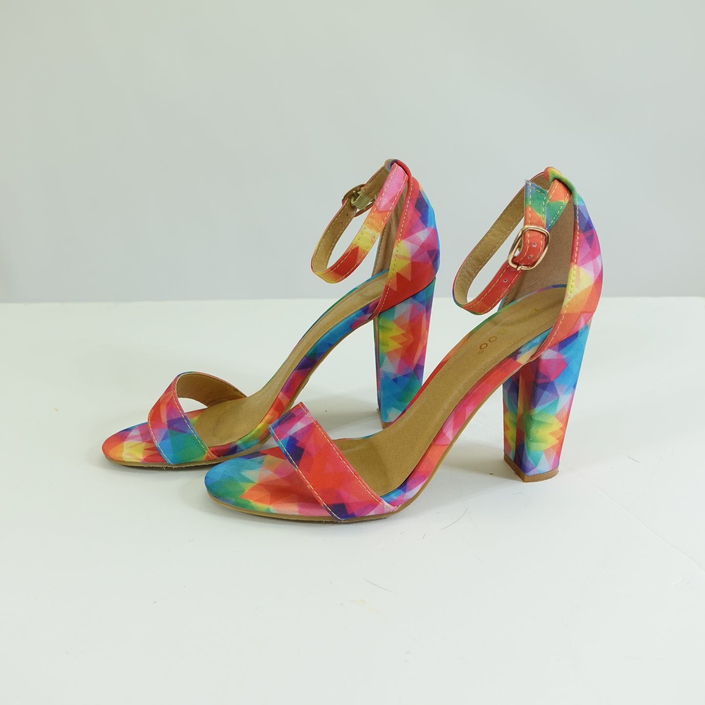 Geometric Rainbow Print Ankle Strap Heels (Size 8.5)