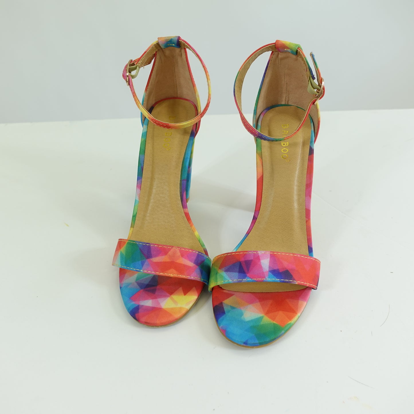 Geometric Rainbow Print Ankle Strap Heels (Size 8.5)
