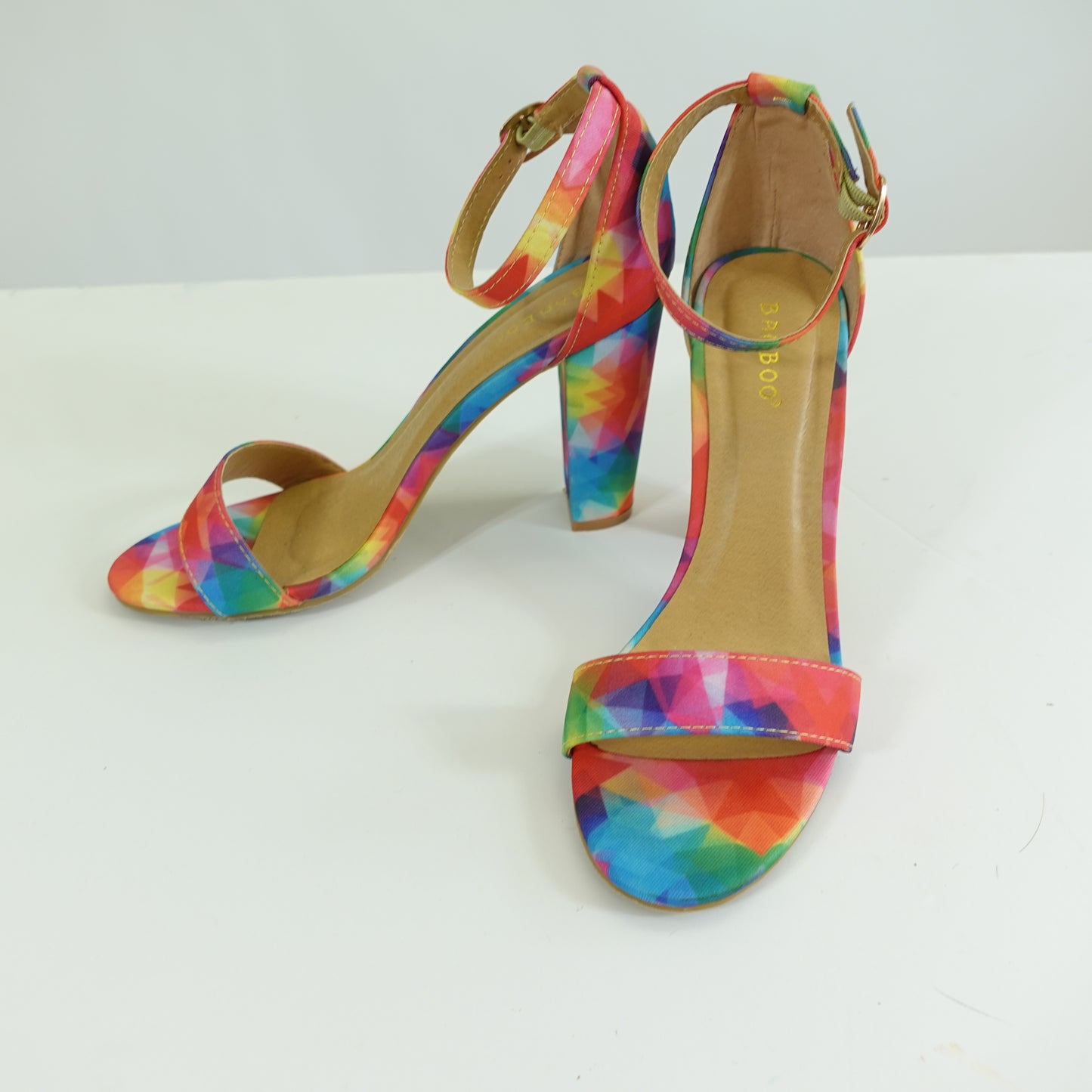 Geometric Rainbow Print Ankle Strap Heels (Size 8.5)