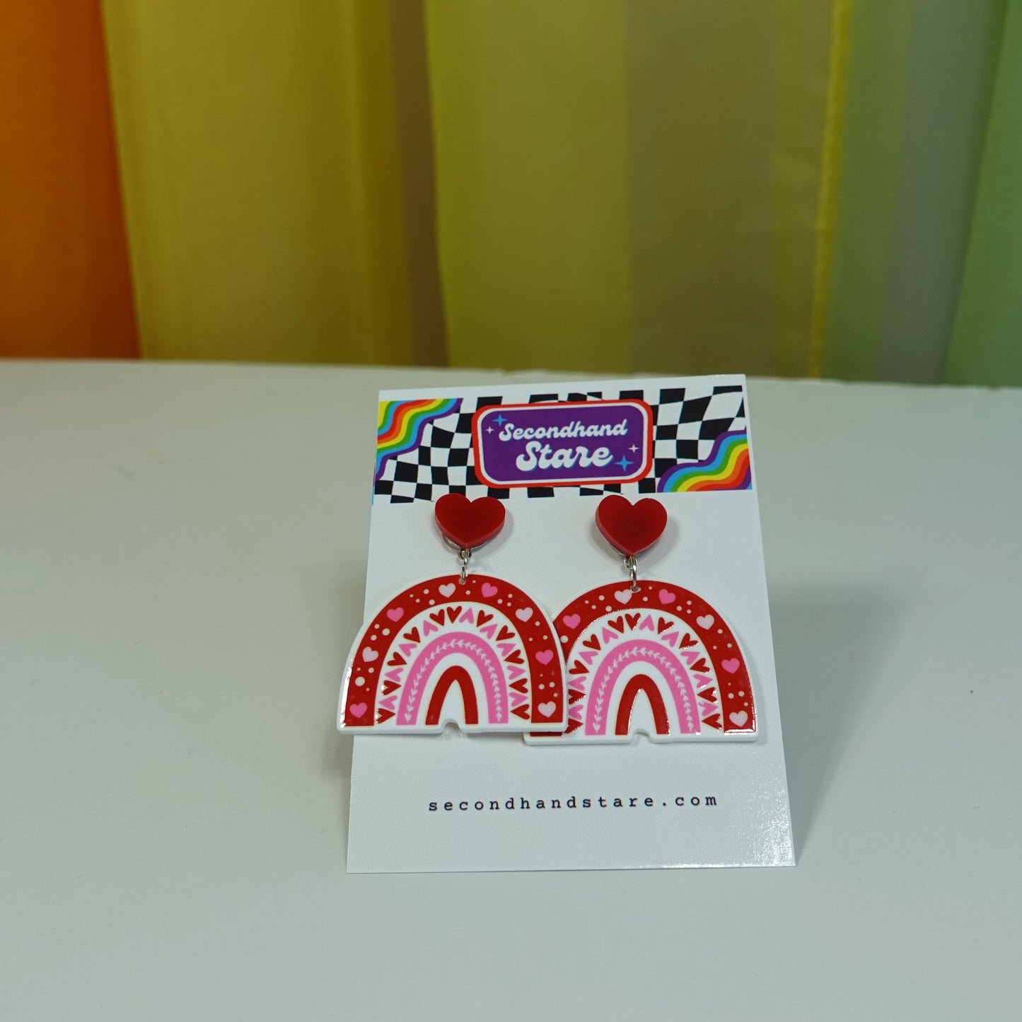 Acrylic Red and Pink Rainbow Earrings with Hearts