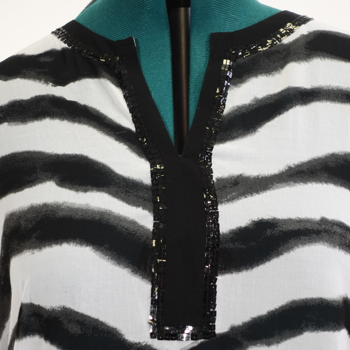 Black and White Sheer Top with Beaded Neckline