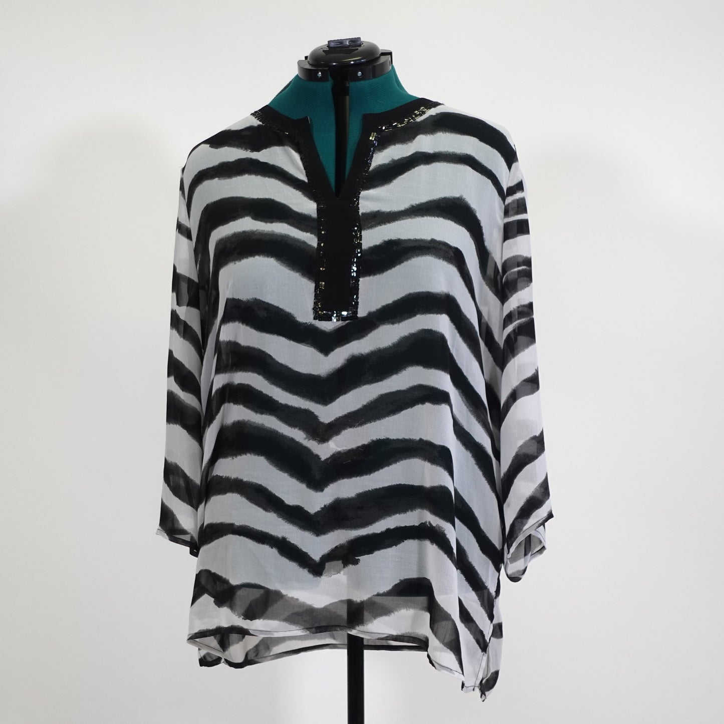Black and White Sheer Top with Beaded Neckline