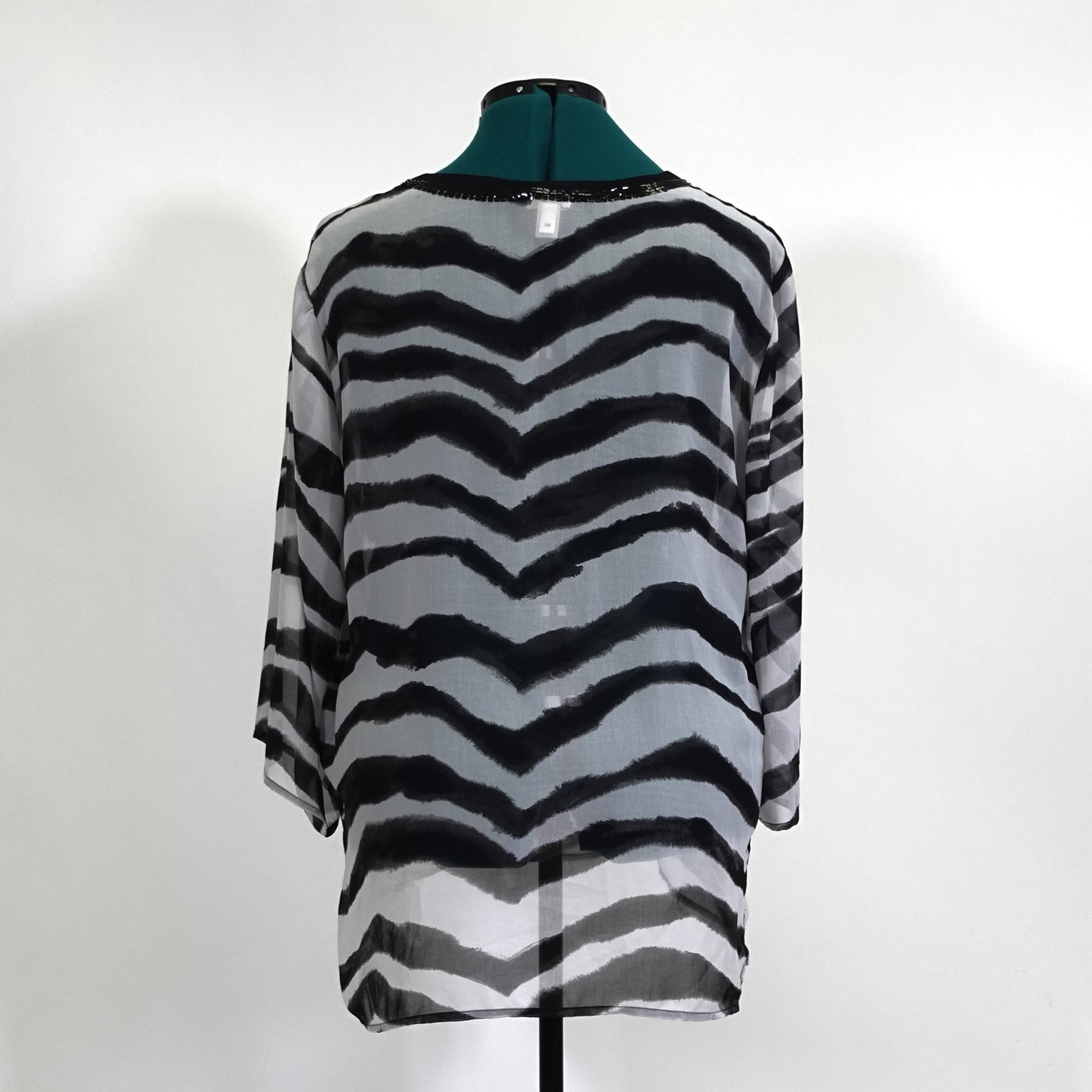 Black and White Sheer Top with Beaded Neckline