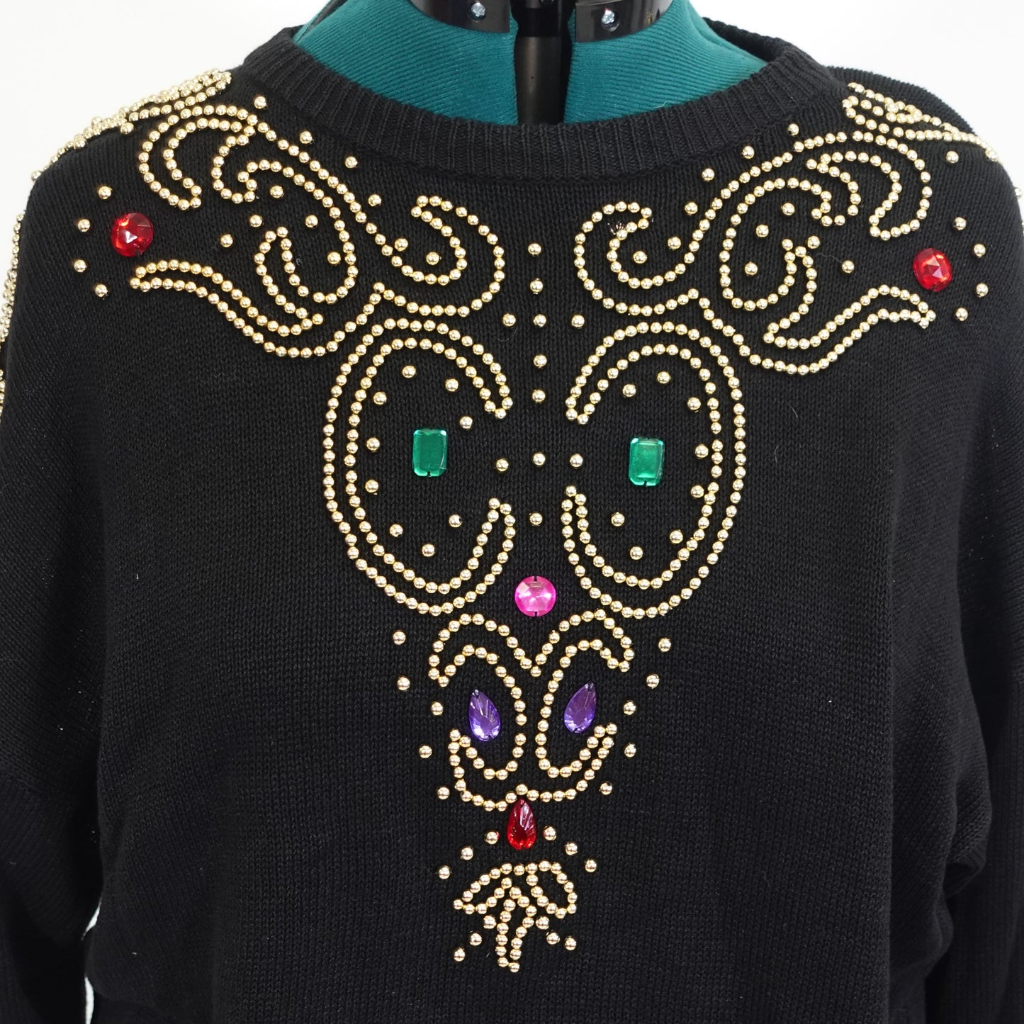 Vintage Black Sweater Rhinestone Beaded Neck