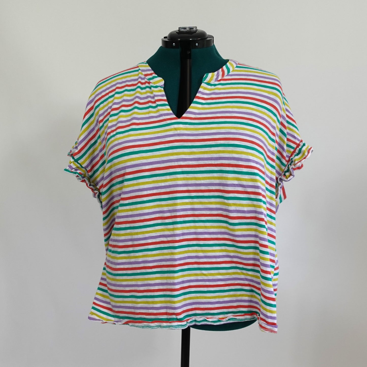 White Notched Neck Tee with Multicolored Stripes