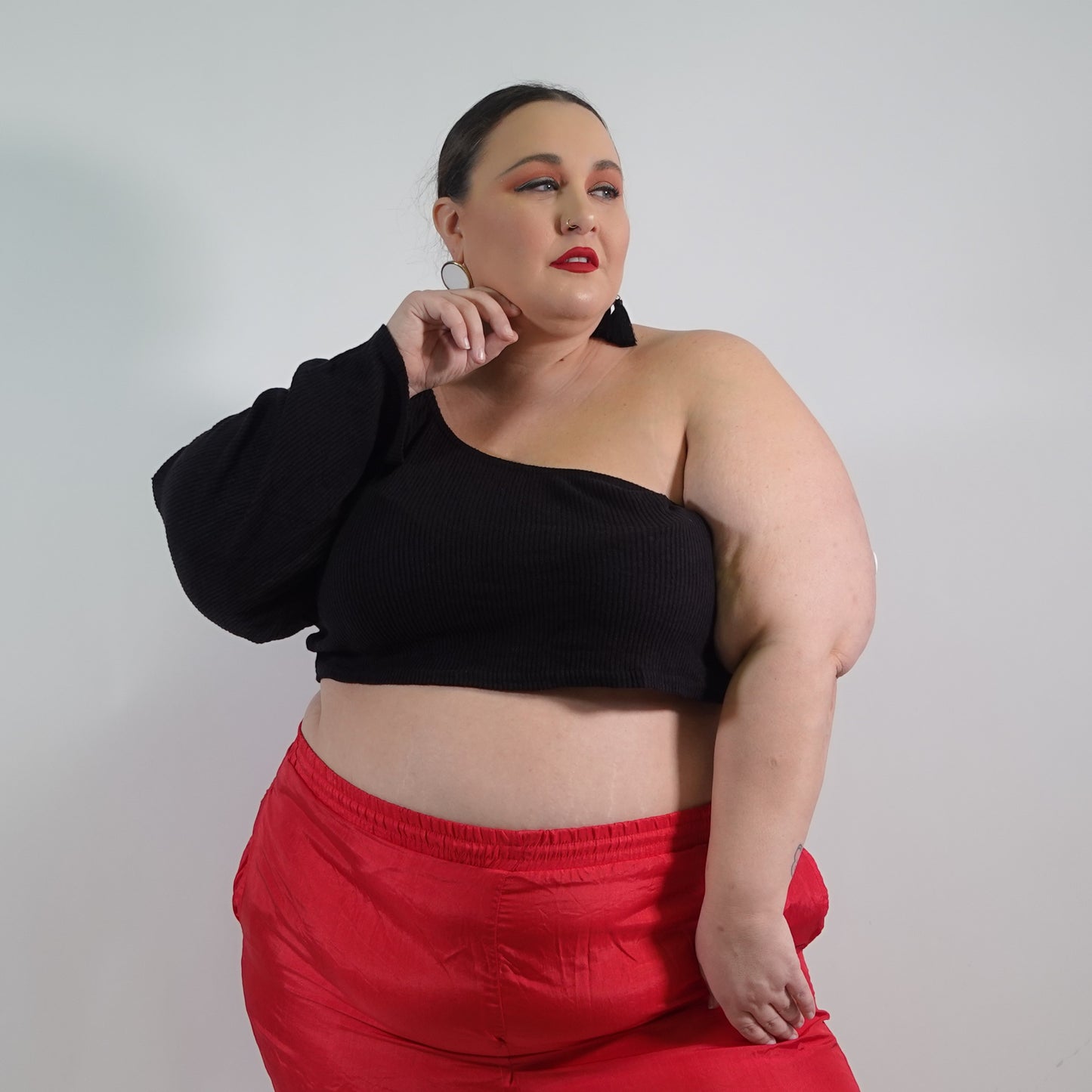 Black Ribbed One Shoulder Crop Top NWT