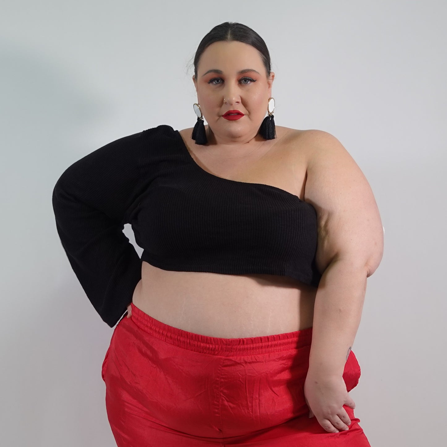 Black Ribbed One Shoulder Crop Top NWT