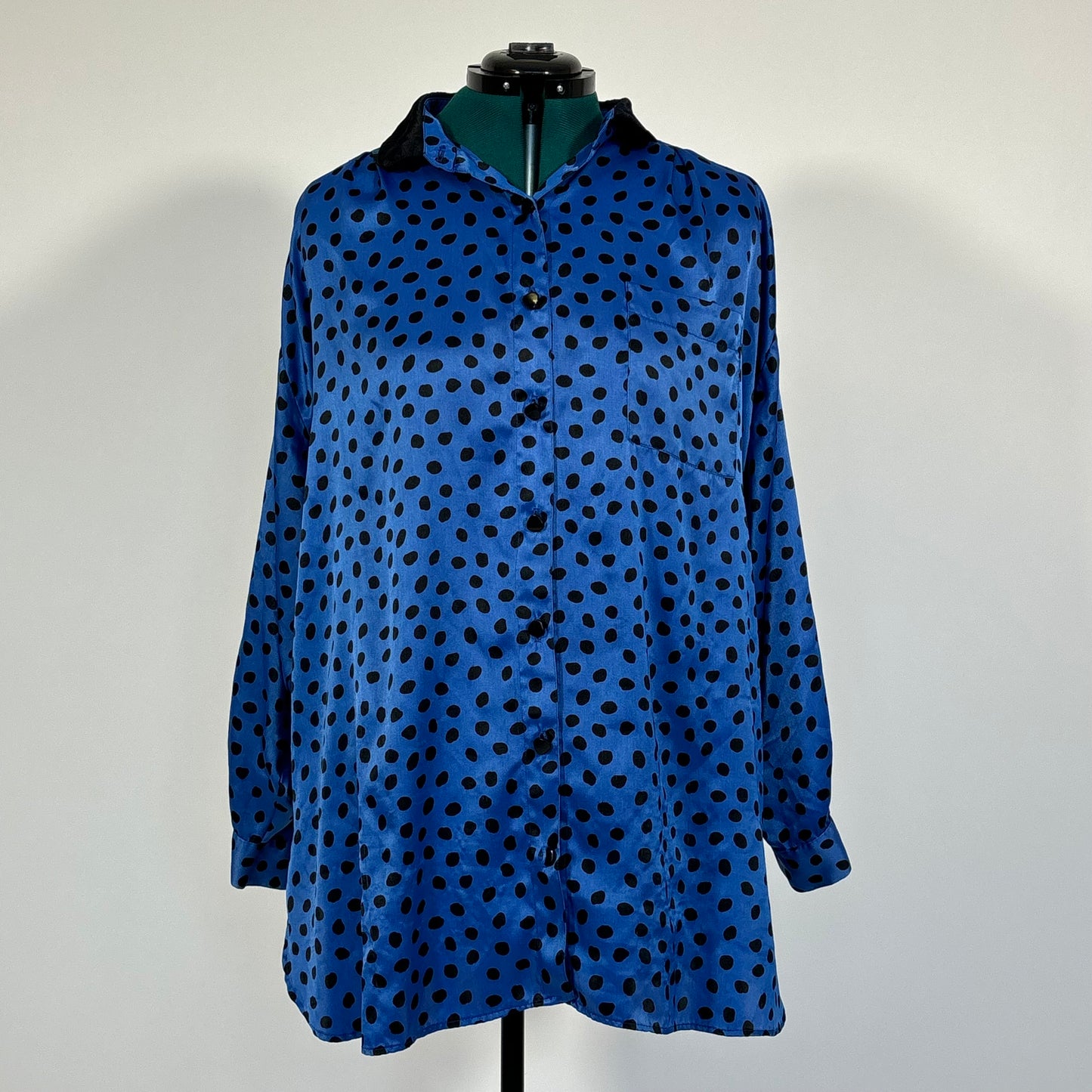 Vintage Blue and Black Polka Dot Button Up Top