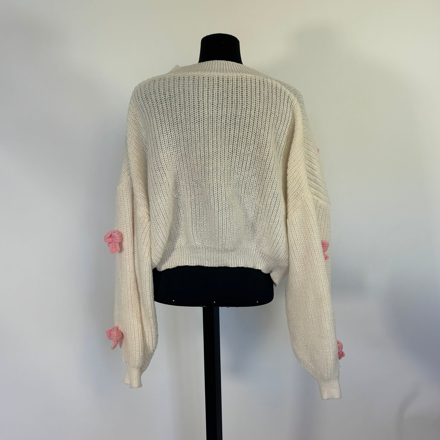 White Cropped Cardigan with Pink Bows