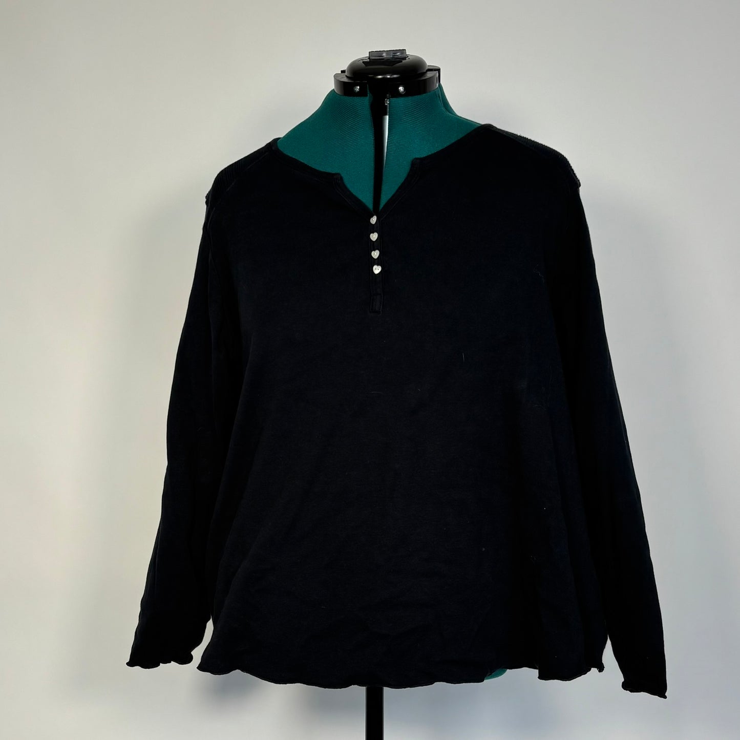 Black Long Sleeve Henley with Heart Shaped Buttons