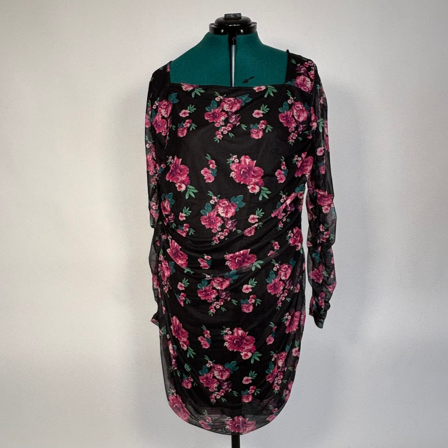 Black Floral Ruched Dress NWT