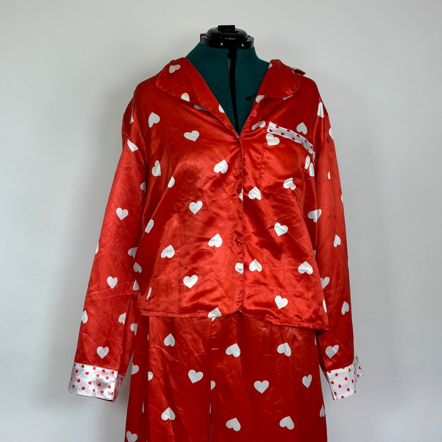 Red Satin Heart Print PJ Set NWT