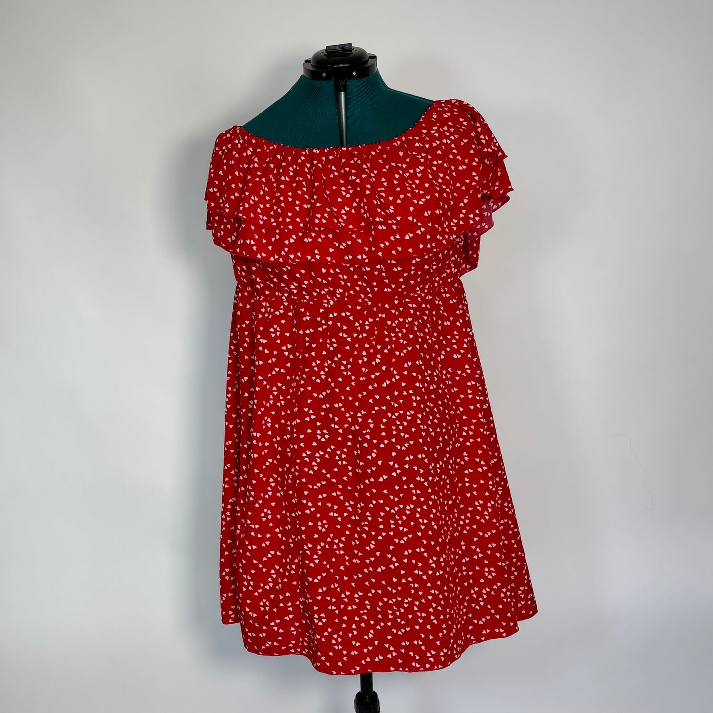 Red Ditsy Heart Print Off-the-Shoulder Dress