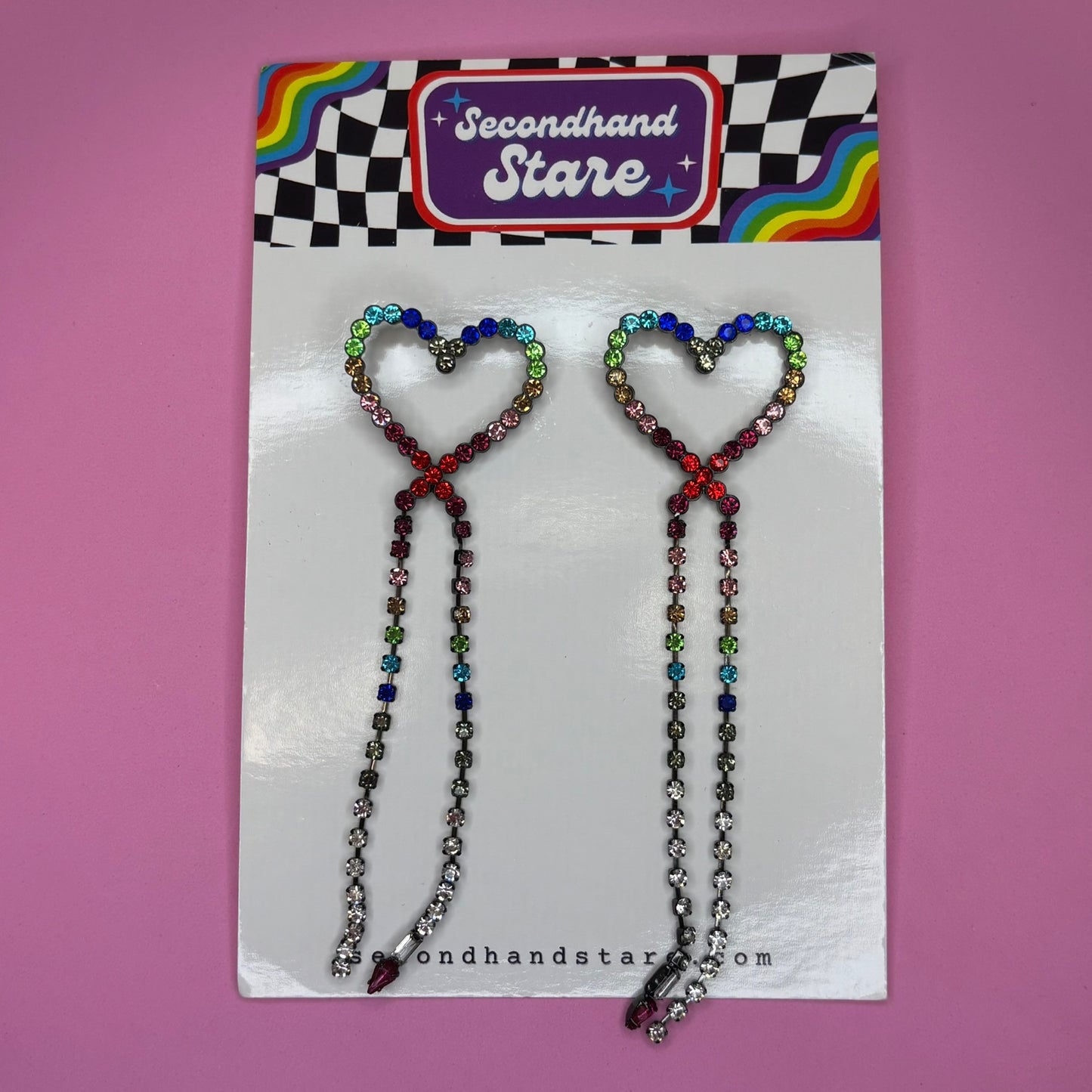 Rainbow Rhinestone Heart Dangly Earrings
