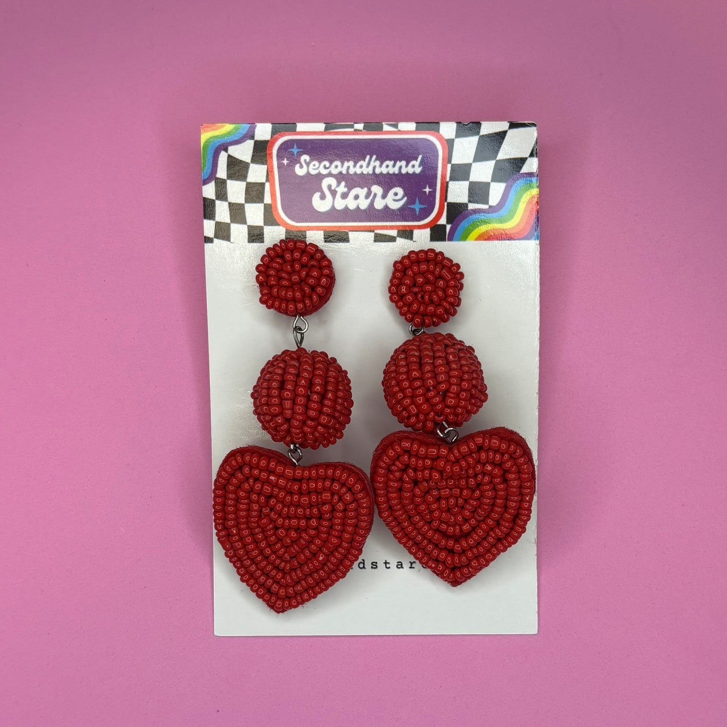 Red Beaded Heart Drop Earrings