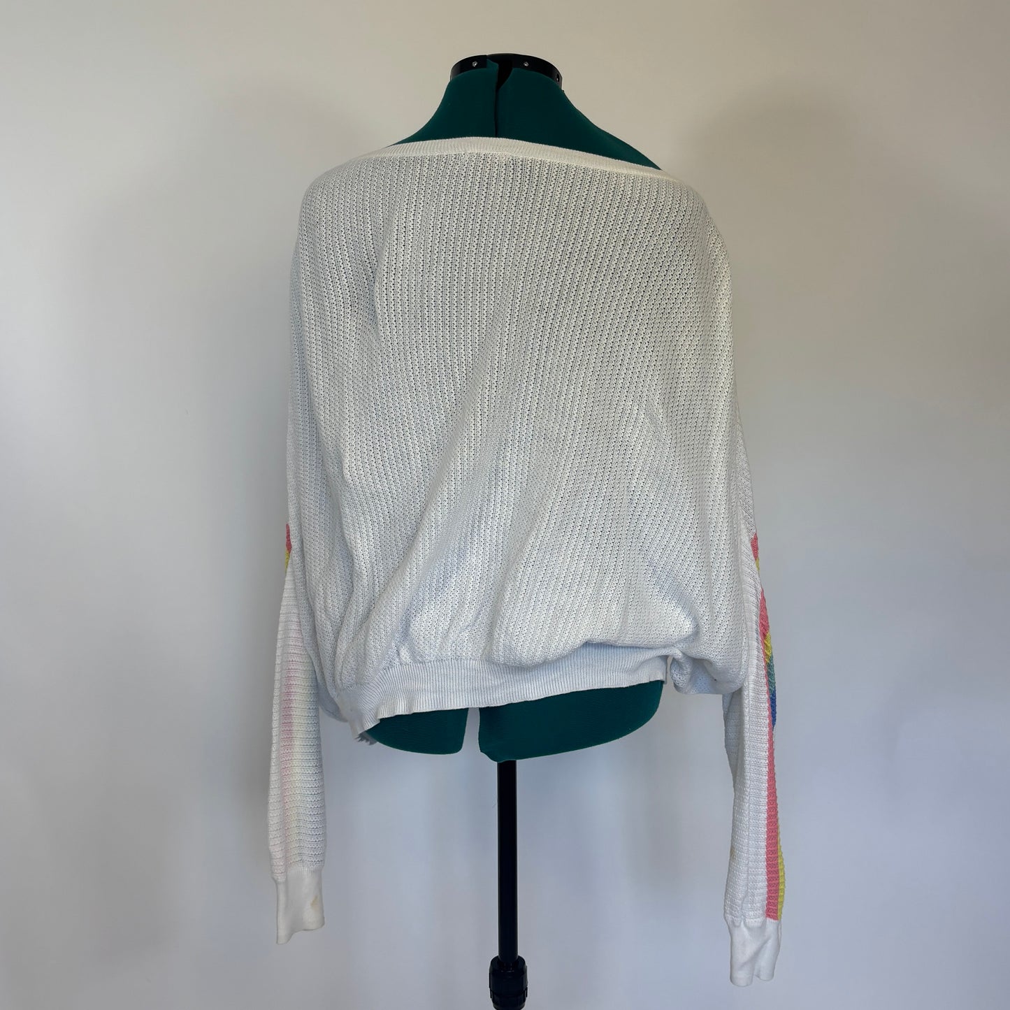 White Lightweight Knit Sweater with Rainbow Stripes
