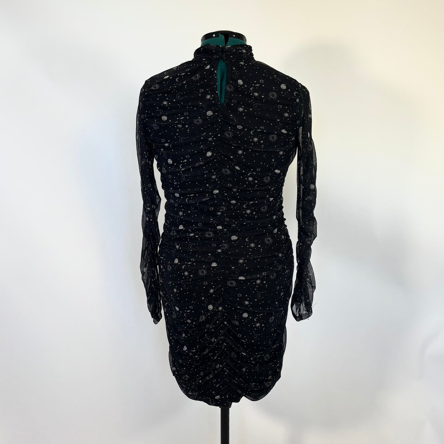 Celestial Print Ruched Mesh Overlay Bodycon Dress