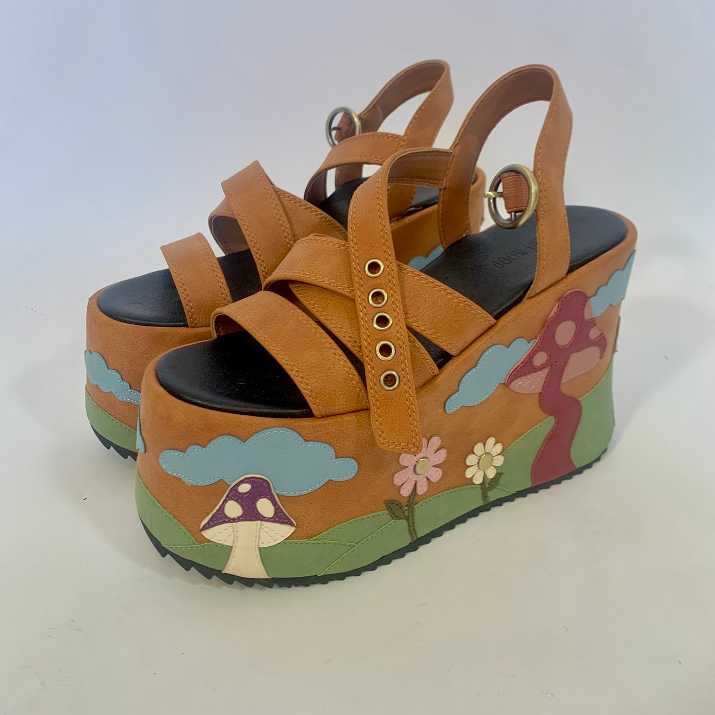 Mushroom Patchwork Faux Leather Platform Sandals (Size 9)