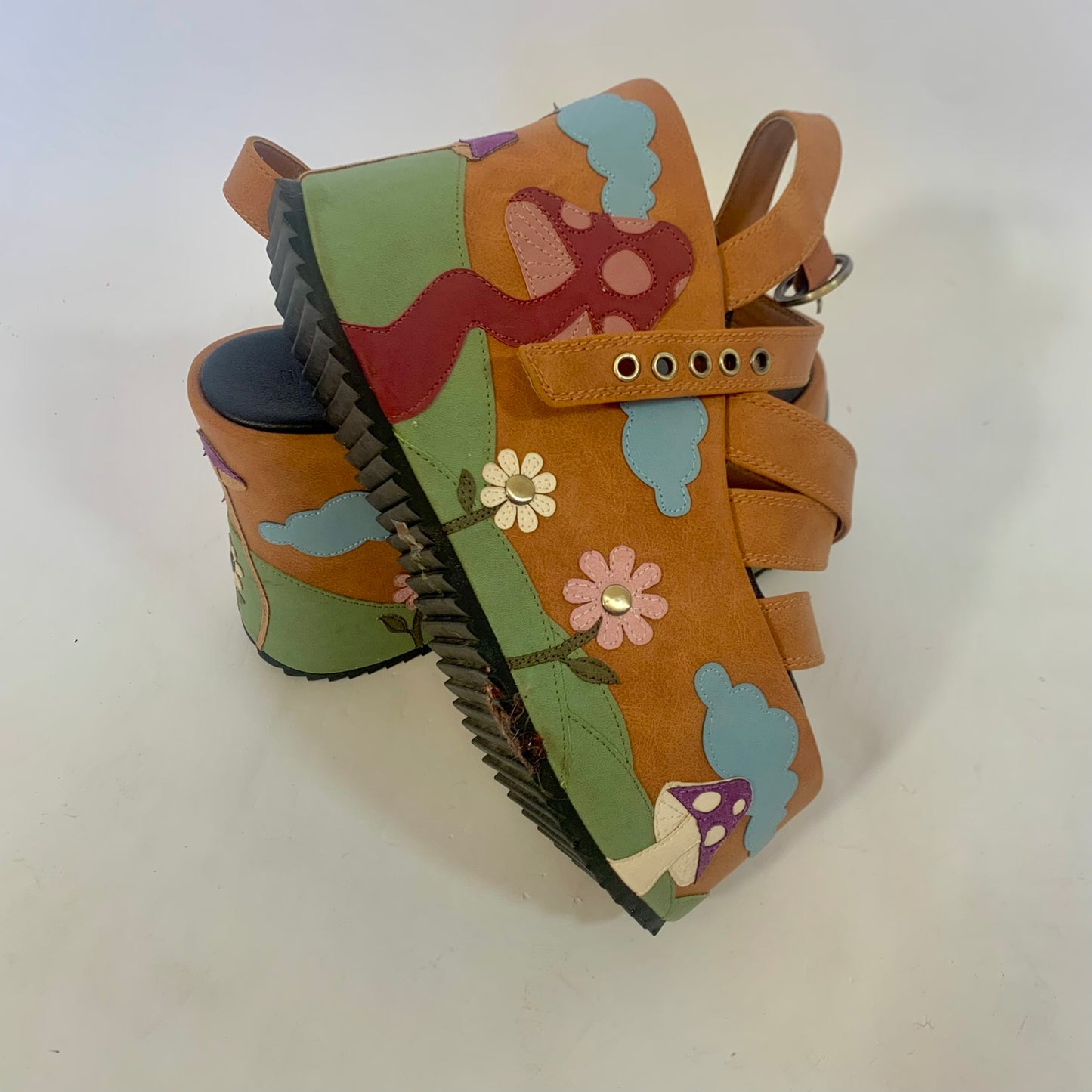 Mushroom Patchwork Faux Leather Platform Sandals (Size 9)
