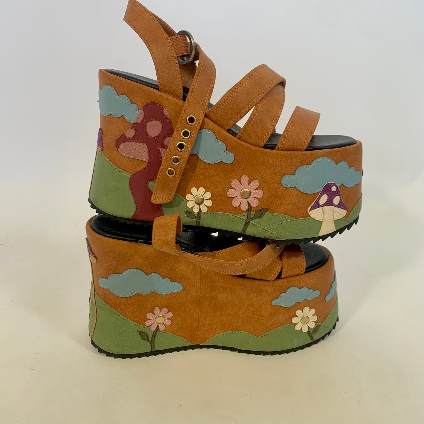 Mushroom Patchwork Faux Leather Platform Sandals (Size 9)