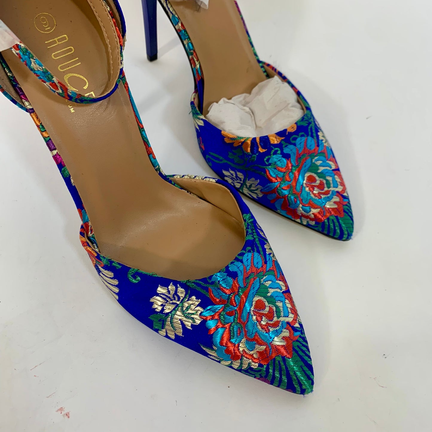 Sz 9 Vintage Rouge Blue Floral Brocade Heels