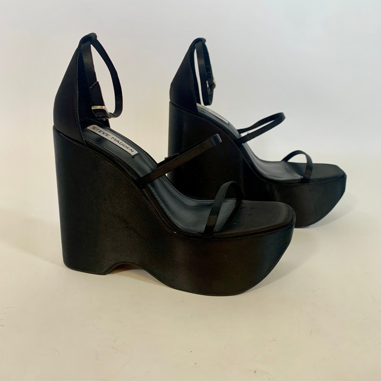 Sz 9 Steve Madden Y2K Platform Chunky Wedge Black Satin Heels