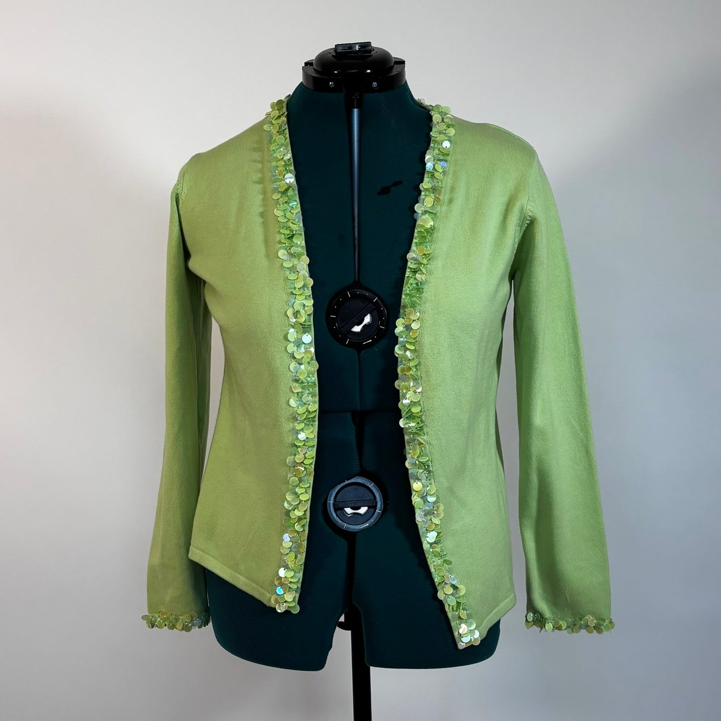 Vintage Green Open Front Cardigan with Sequin Embellishments