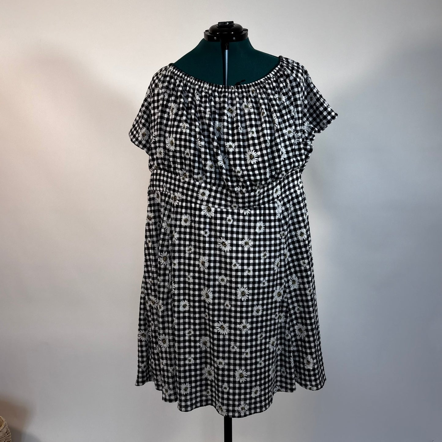 Black Plaid and Daisy Print Off-the-Shoulder Dress