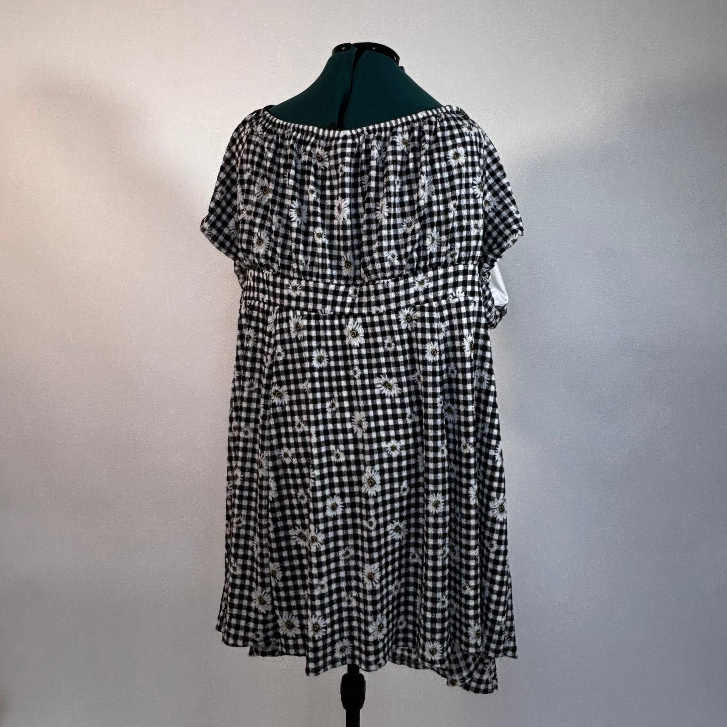 Black Plaid and Daisy Print Off-the-Shoulder Dress