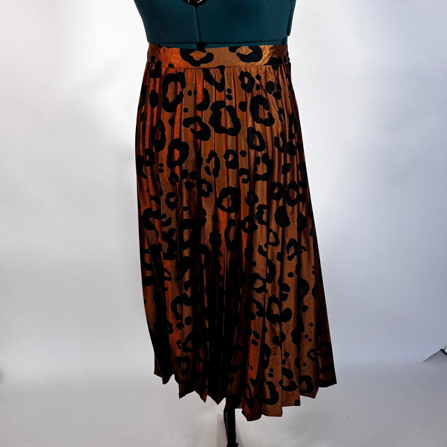 Pleated Satin Cheetah Print Midi Skirt