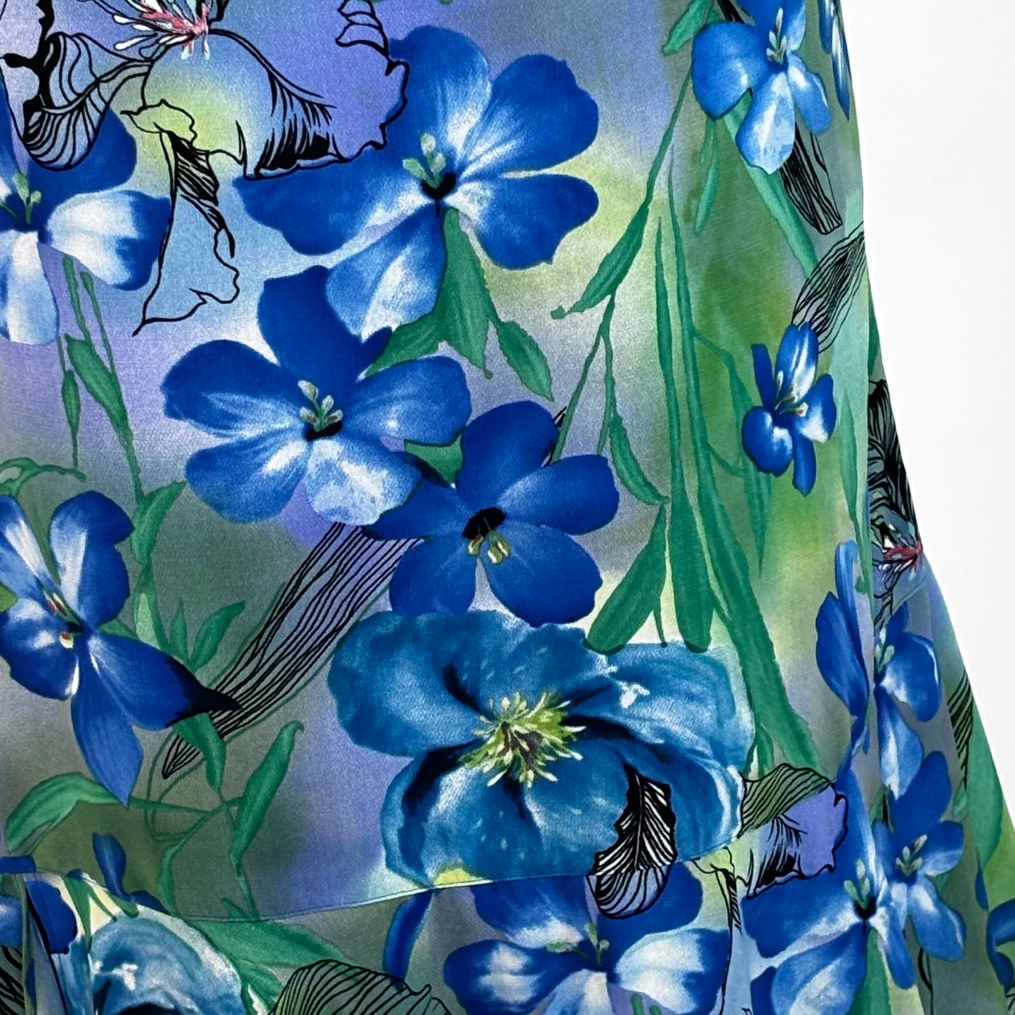 Vintage Green and Blue Floral Ruffle Hem Midi Skirt