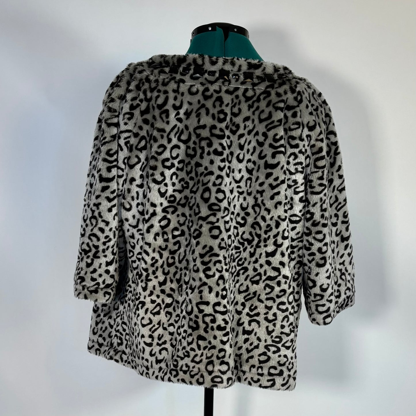 Grey Leopard Print Faux Fur Coat with Rhinestone Accents