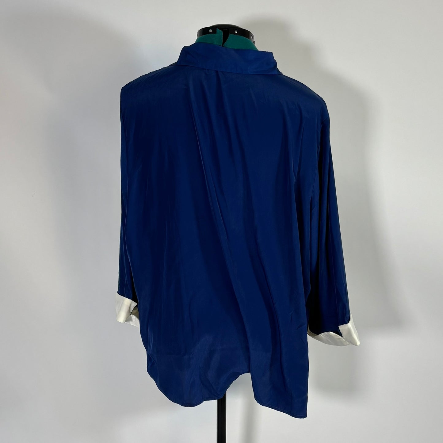 Navy Silky Button Down with White Pussybow and Sleeve Cuffs