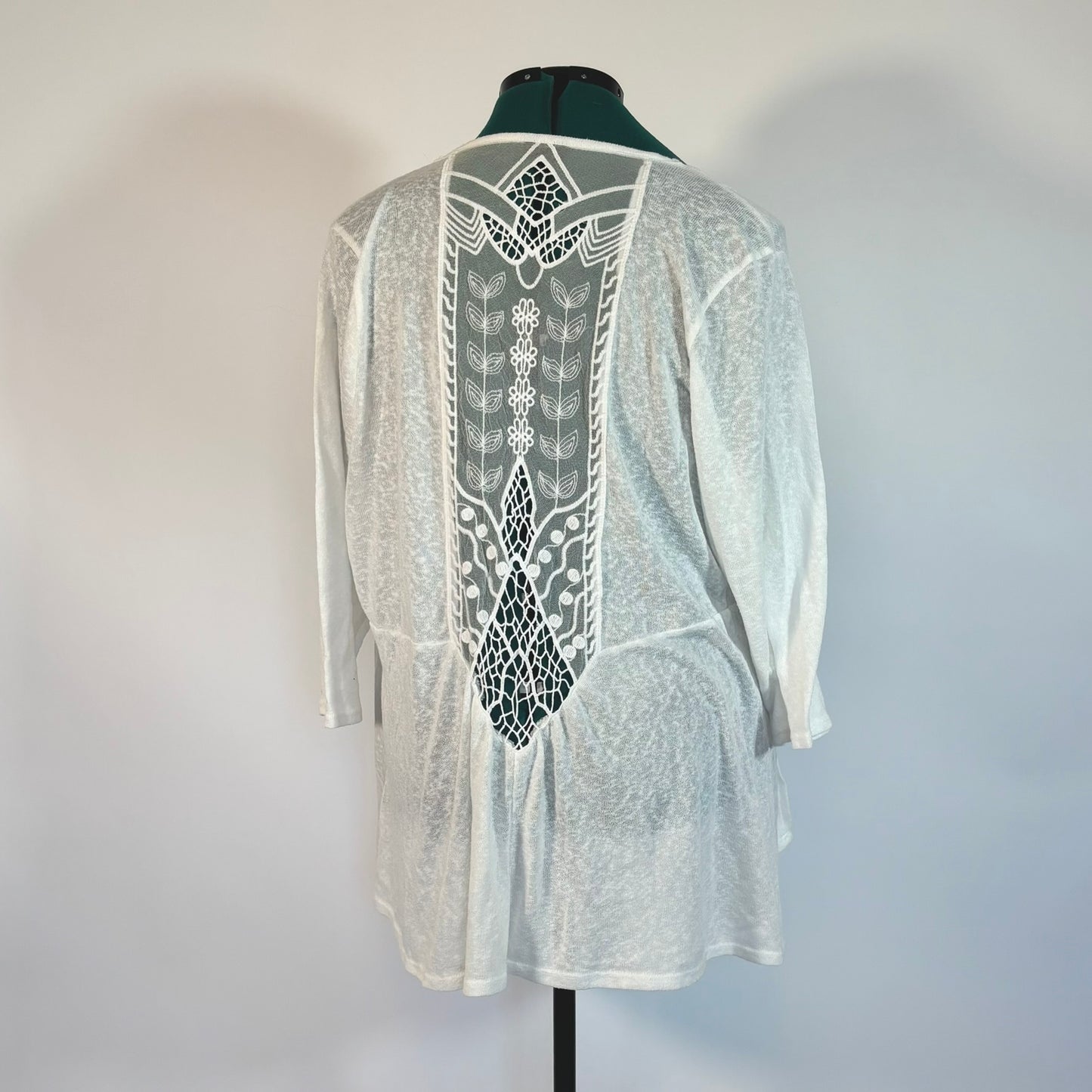 Torrid White Open Front Cardigan with Embroidered Mesh Inlays