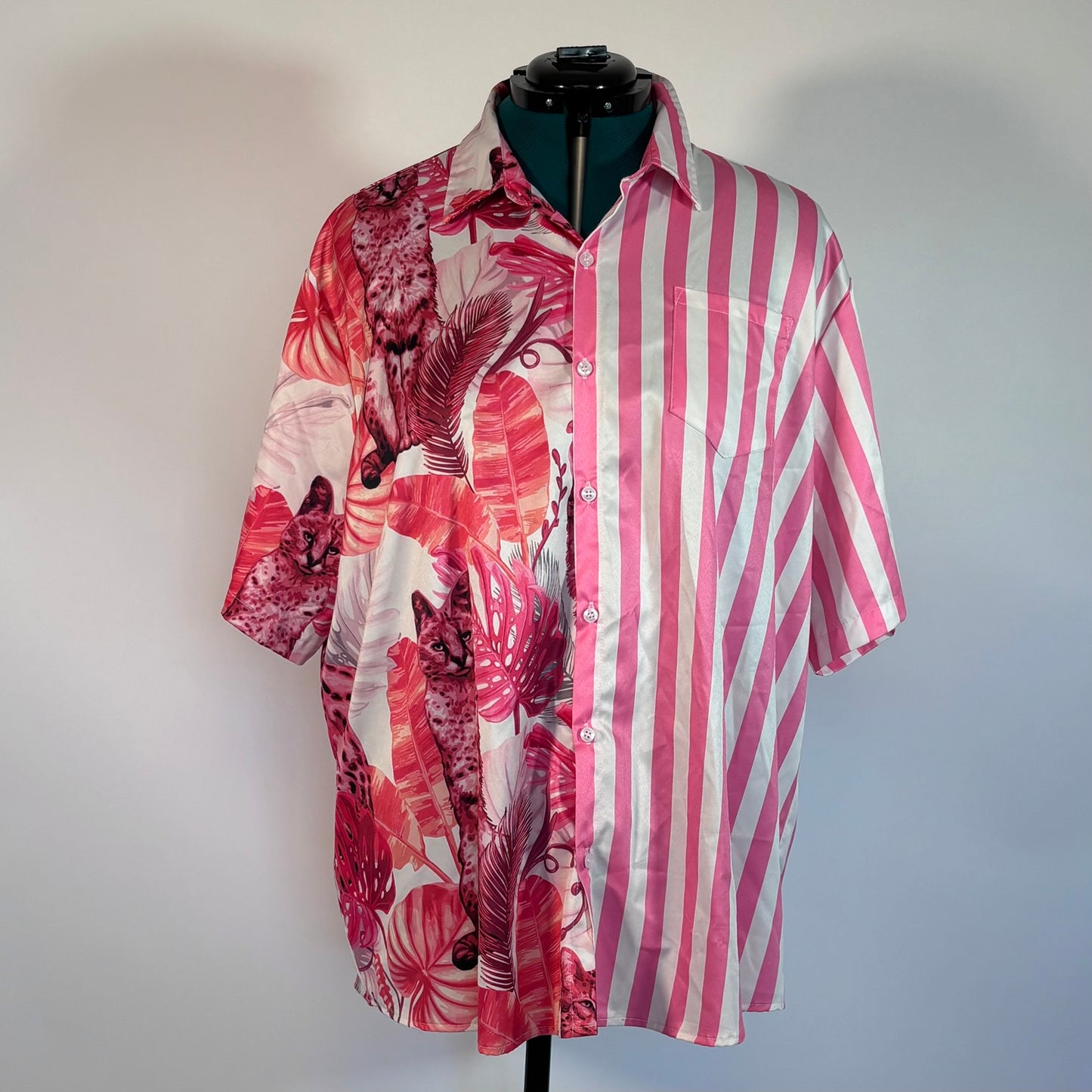 Pink Striped and Tropical Print Split Button Down