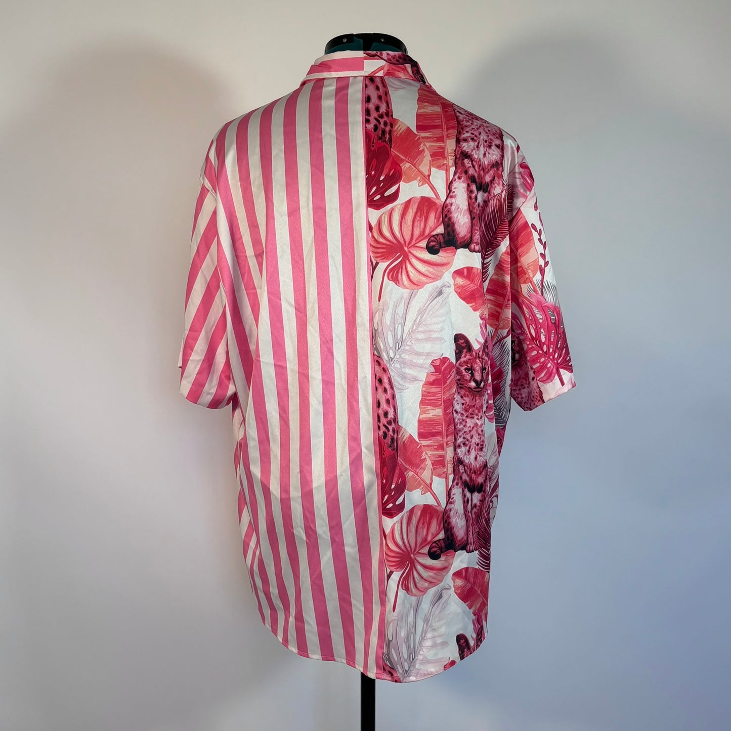 Pink Striped and Tropical Print Split Button Down