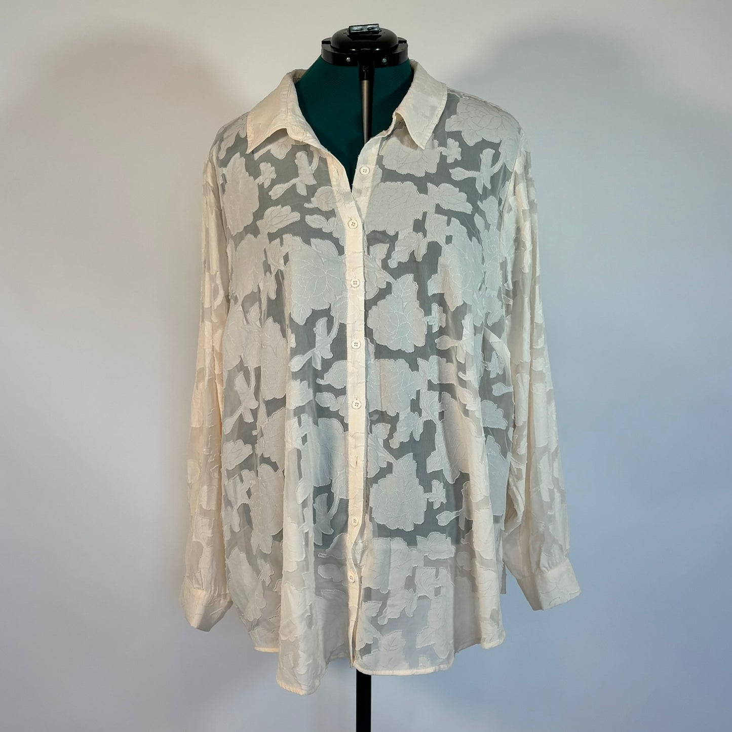 Torrid Semi-Sheer Off White Button Down with Rose Appliques