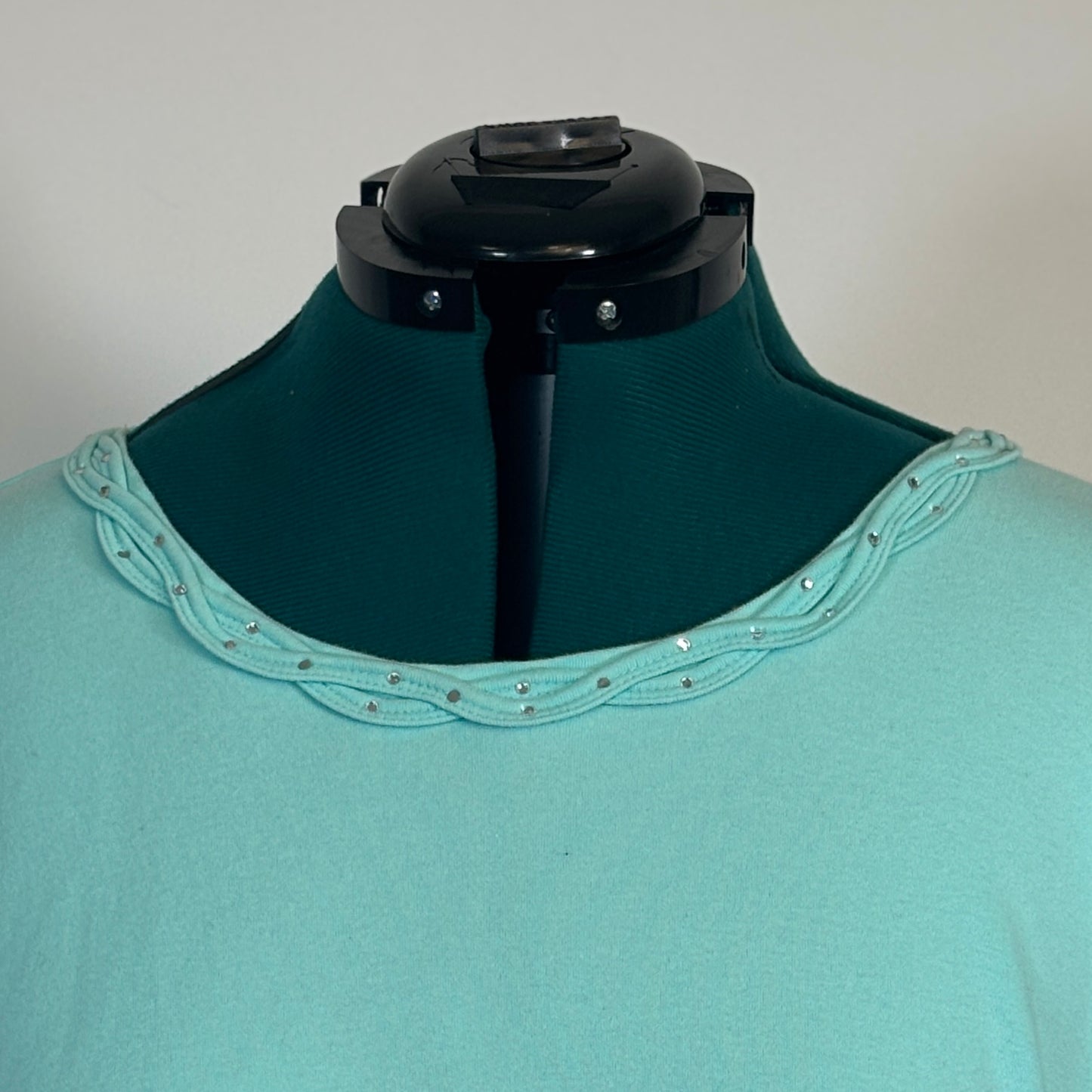 Vintage Mint Blue 3/4 Length Sleeve Top with Braided and Rhinestone Neckline