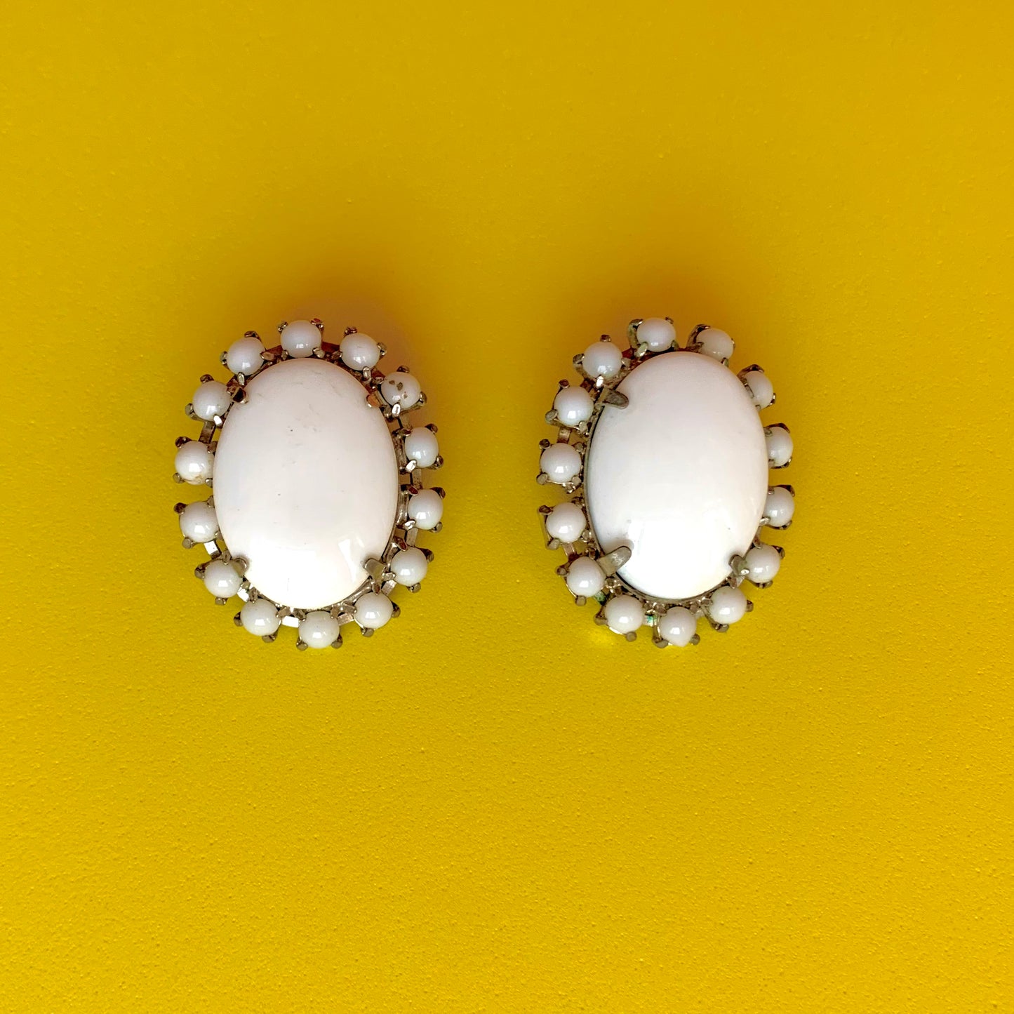 Vintage Large White and Silver-Toned Clip-Ons