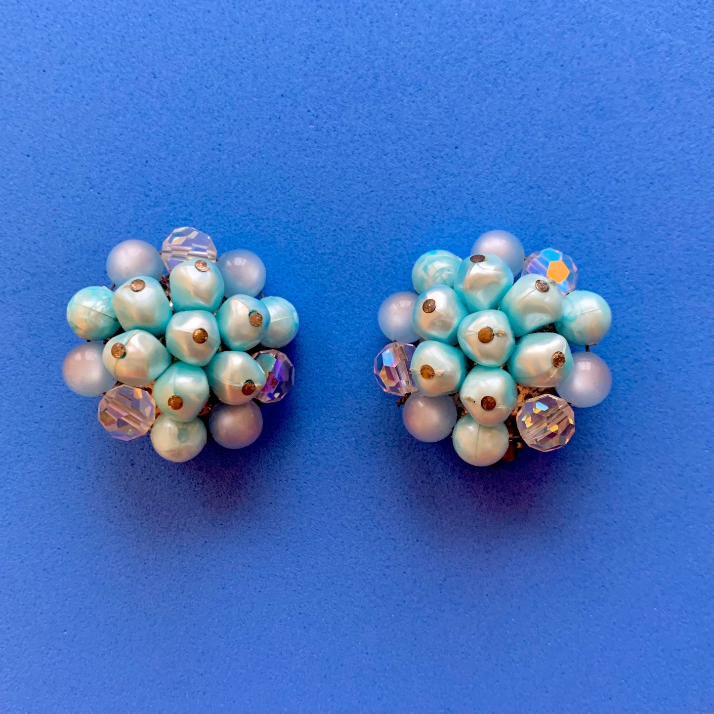 Vintage Light Blue Beaded Clip-On Earrings
