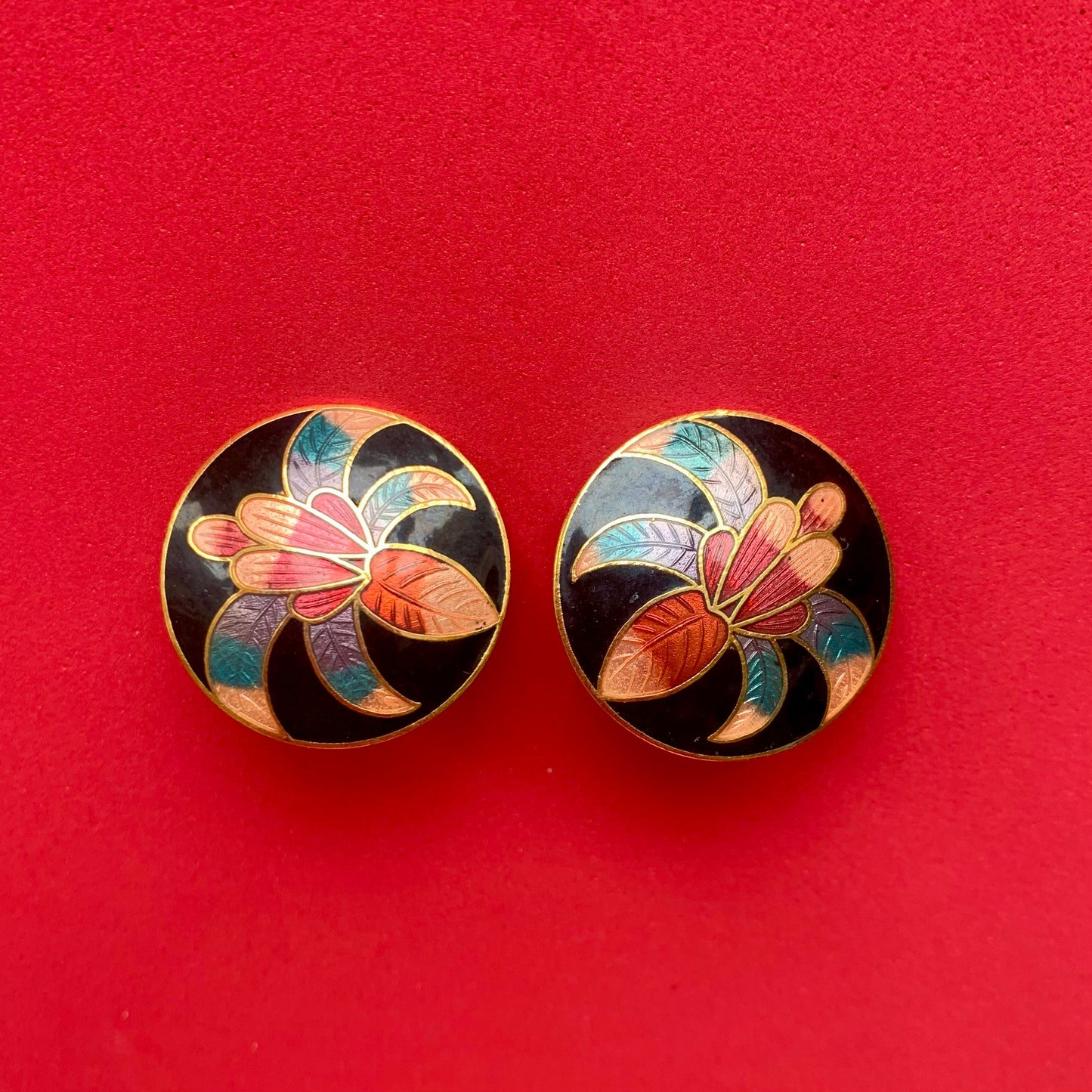 Vintage Cloisonne Orchid Postback Earrings
