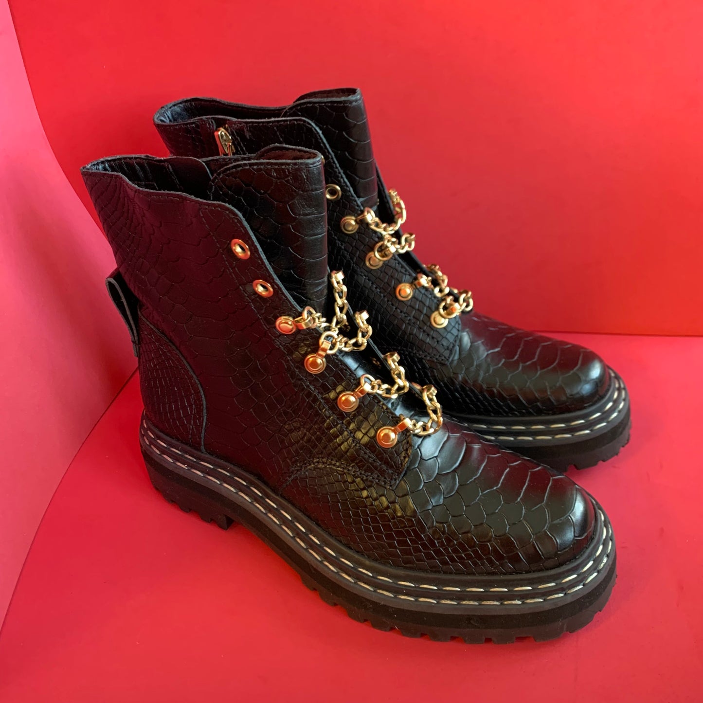 NEW Sz 7 Vince Camuto Black Snakeskin and Gold Chain Combat Boots