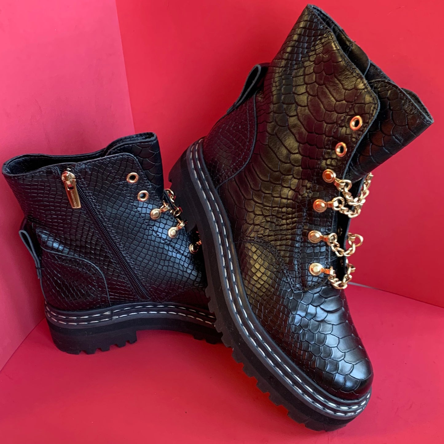 NEW Sz 7 Vince Camuto Black Snakeskin and Gold Chain Combat Boots