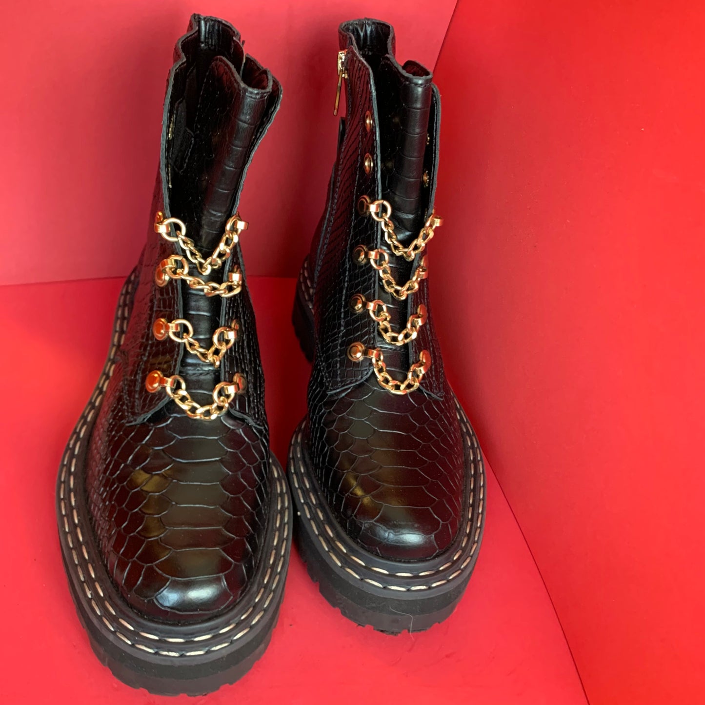 NEW Sz 7 Vince Camuto Black Snakeskin and Gold Chain Combat Boots