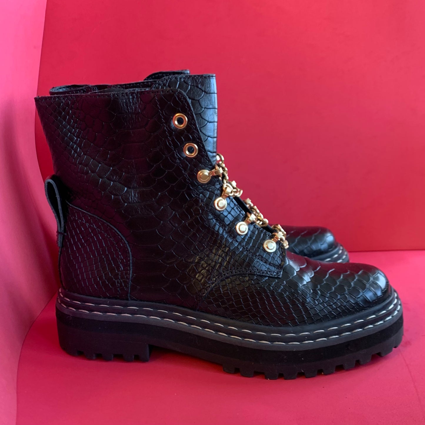 NEW Sz 7 Vince Camuto Black Snakeskin and Gold Chain Combat Boots