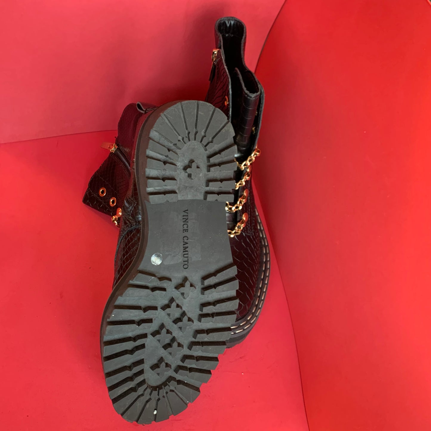 NEW Sz 7 Vince Camuto Black Snakeskin and Gold Chain Combat Boots