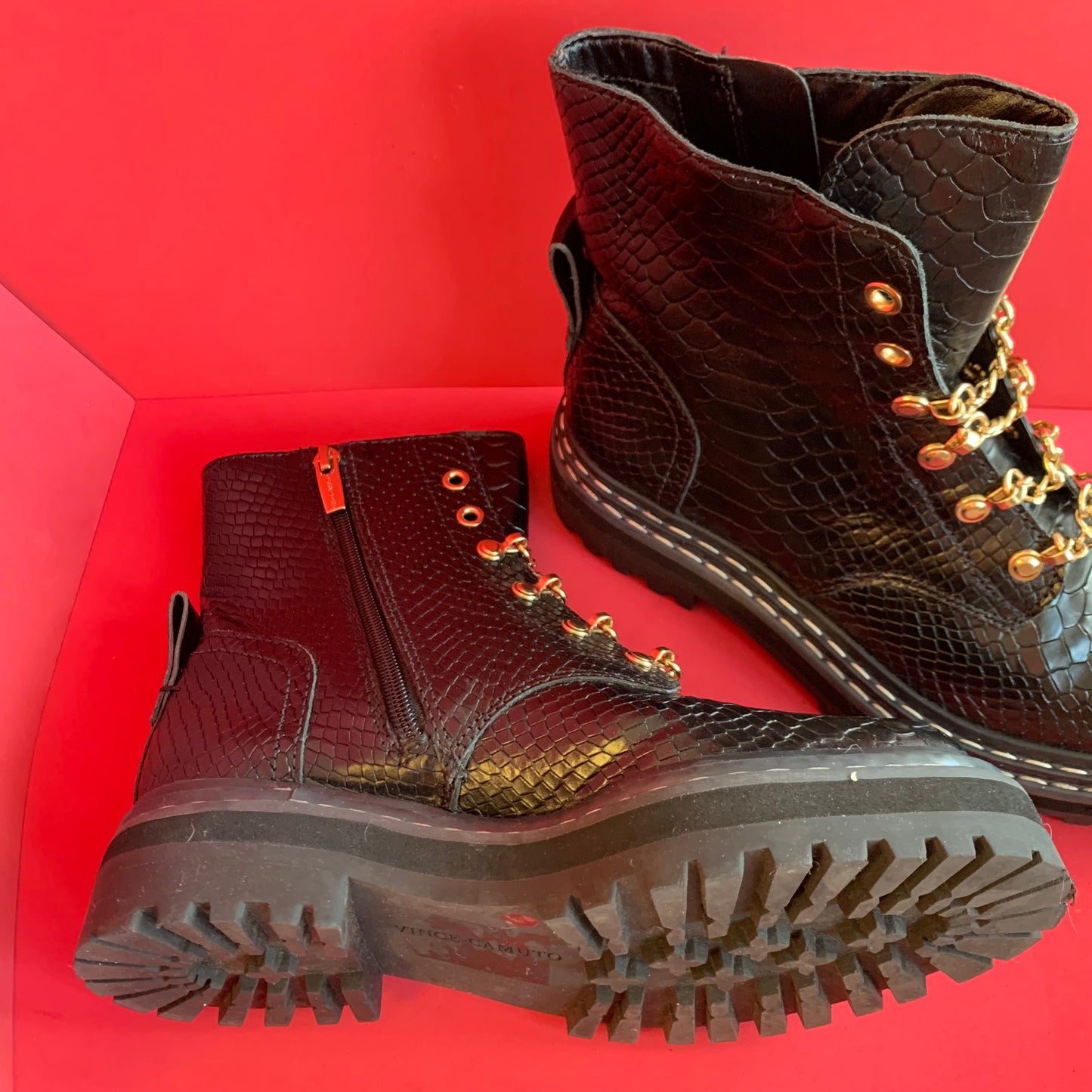 NEW Sz 7 Vince Camuto Black Snakeskin and Gold Chain Combat Boots