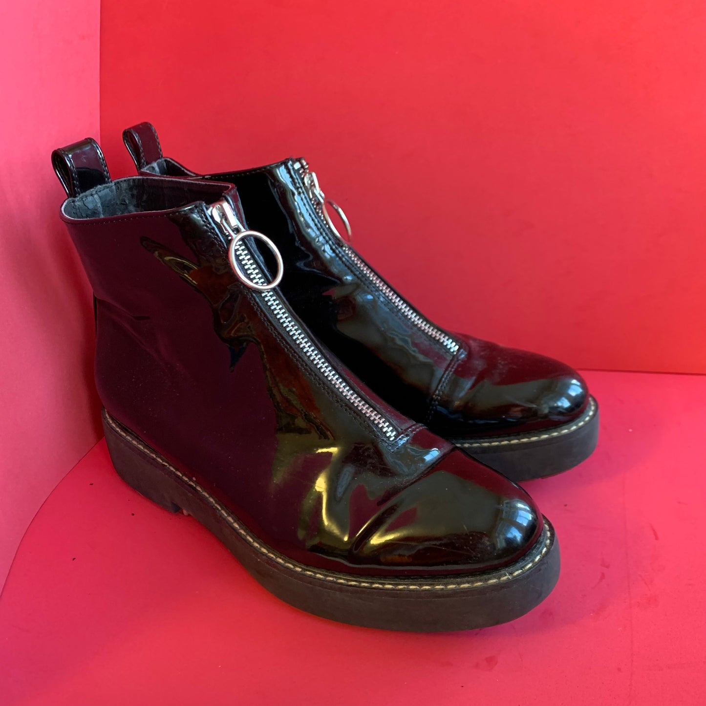 Sz 38 (7.5) Zara Black Patent Pleather Red Sole Zip Ankle Boots