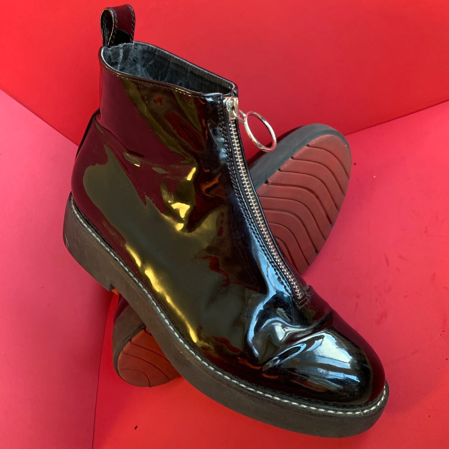 Sz 38 (7.5) Zara Black Patent Pleather Red Sole Zip Ankle Boots