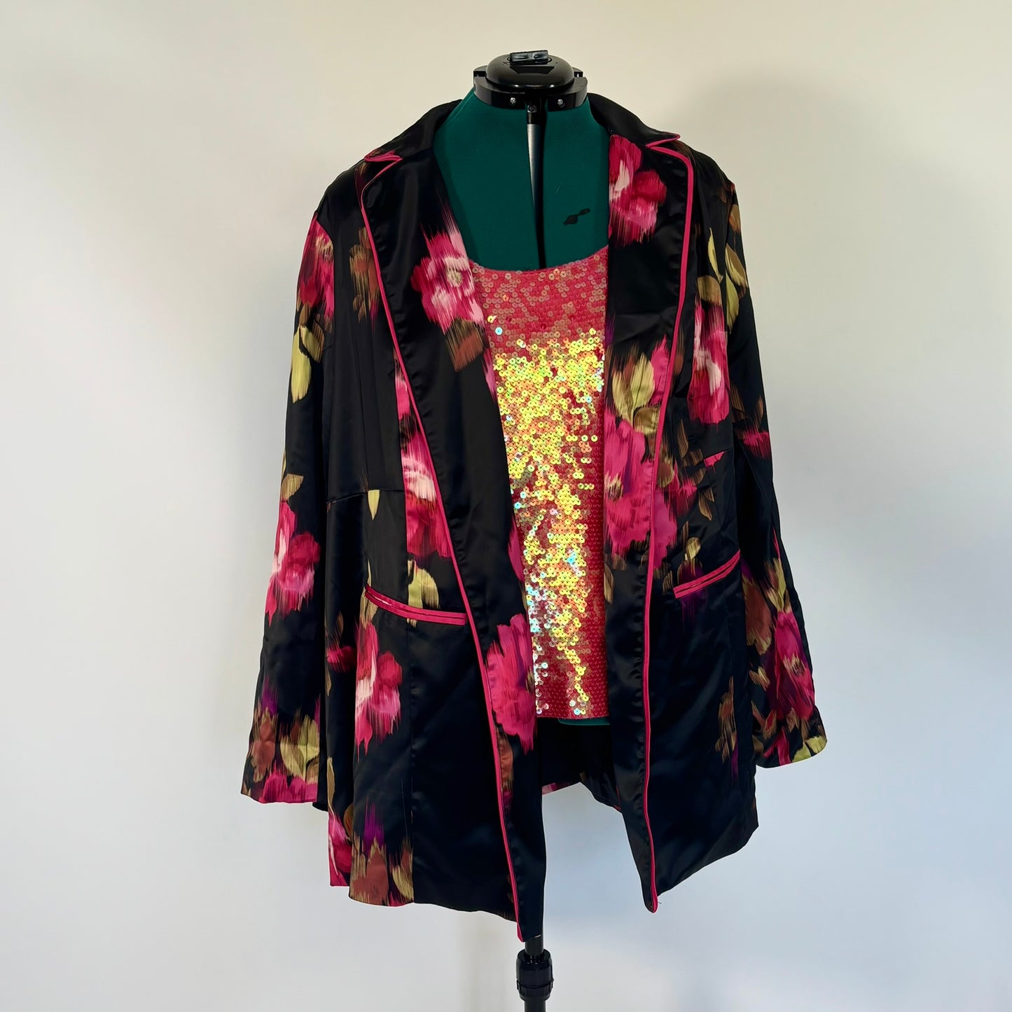 Torrid Black and Pink Floral Satin Open Front Blazer